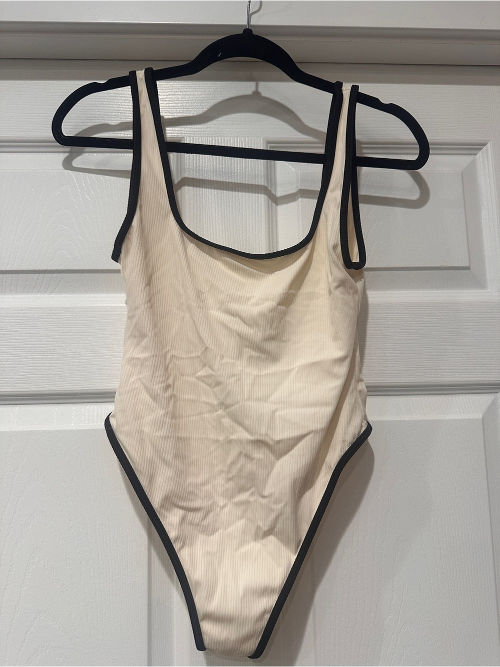Rumored Cream One-Piece Swim Bodysuit with Black Trim